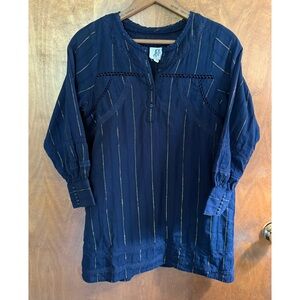 dRA Anthropologie Navy Blue Tunic Top Embroidered Crochet Lace Metallic Stripe